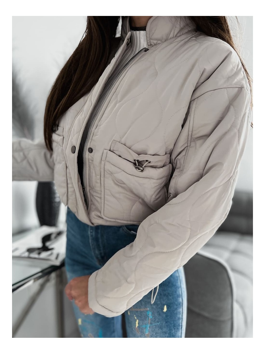 Women\'s quilted jacket with a stand-up collar, light gray SF13 - Online store - Boutique